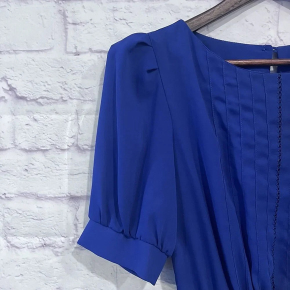 Susan Richards Size 8 Vintage Sheer Blue Short Sleeve Midi Dress Elastic Waist - Picture 5 of 13